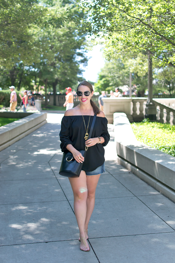 Miu Miu Sunglasses, Banana Republic Bucket Bag, Gap 1969 Best Girlfriend Denim Shorts