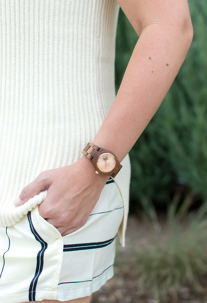 J.Crew Sleeveless Tunic Sweater, JORD Wood Watch, Lou & Grey Coastal Fluid Shorts