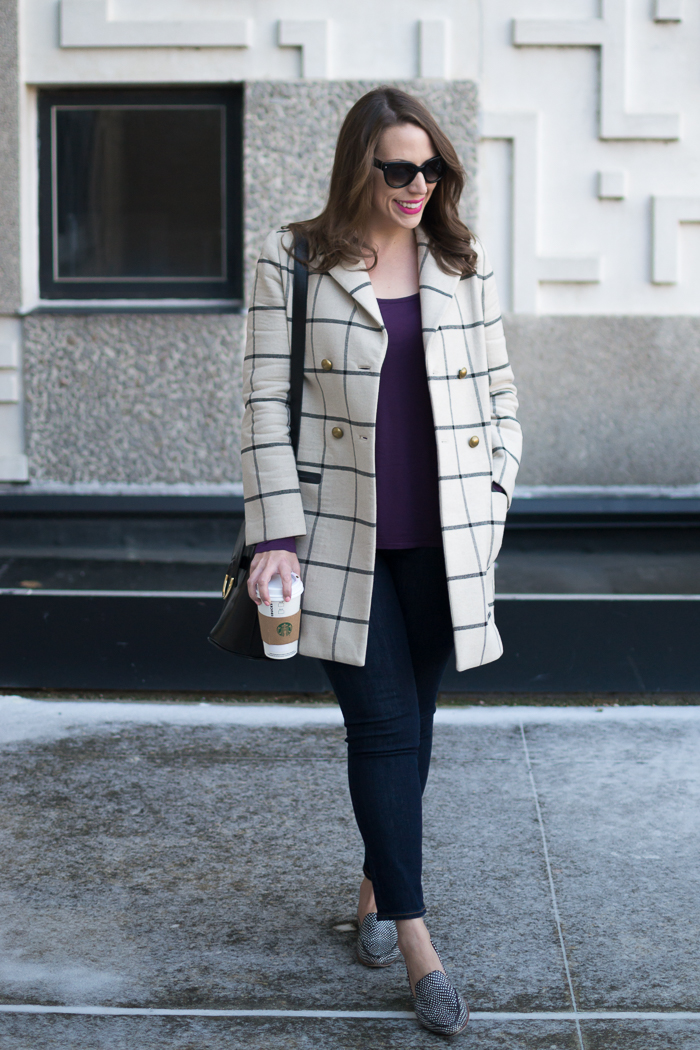 Banana Republic Signature Modal Tee + Gap True Skinny Ankle Jeans + Tory Burch Plaid Coat 