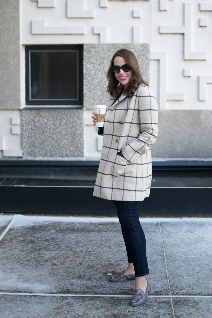 Banana Republic Signature Modal Tee + Gap True Skinny Ankle Jeans + Tory Burch Plaid Coat 