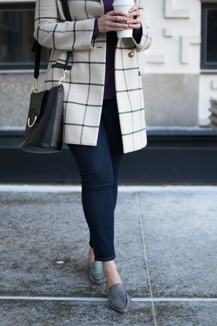 Banana Republic Signature Modal Tee + Gap True Skinny Ankle Jeans + Tory Burch Plaid Coat 