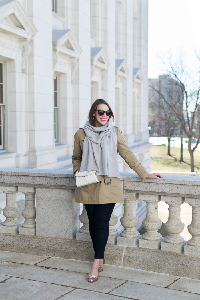 Banana Republic Belted Cotton Trench + Garnet Hill Pure Cashmere Wrap 