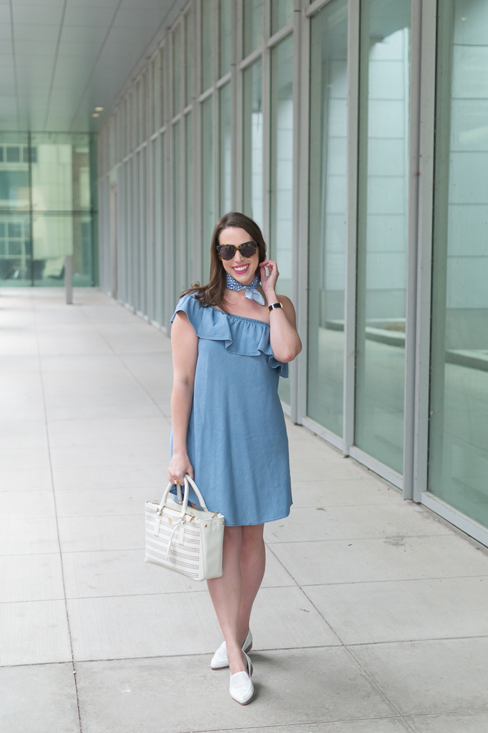 Chambray Ruffle One Shoulder Dress