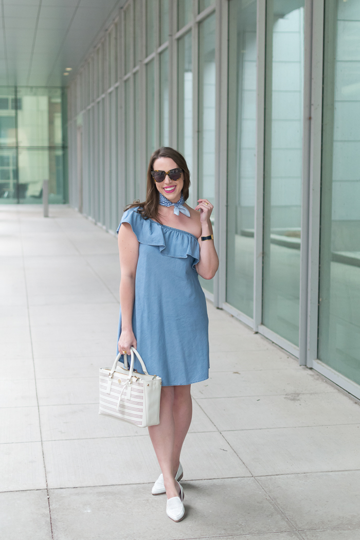 Chambray Ruffle One Shoulder Dress