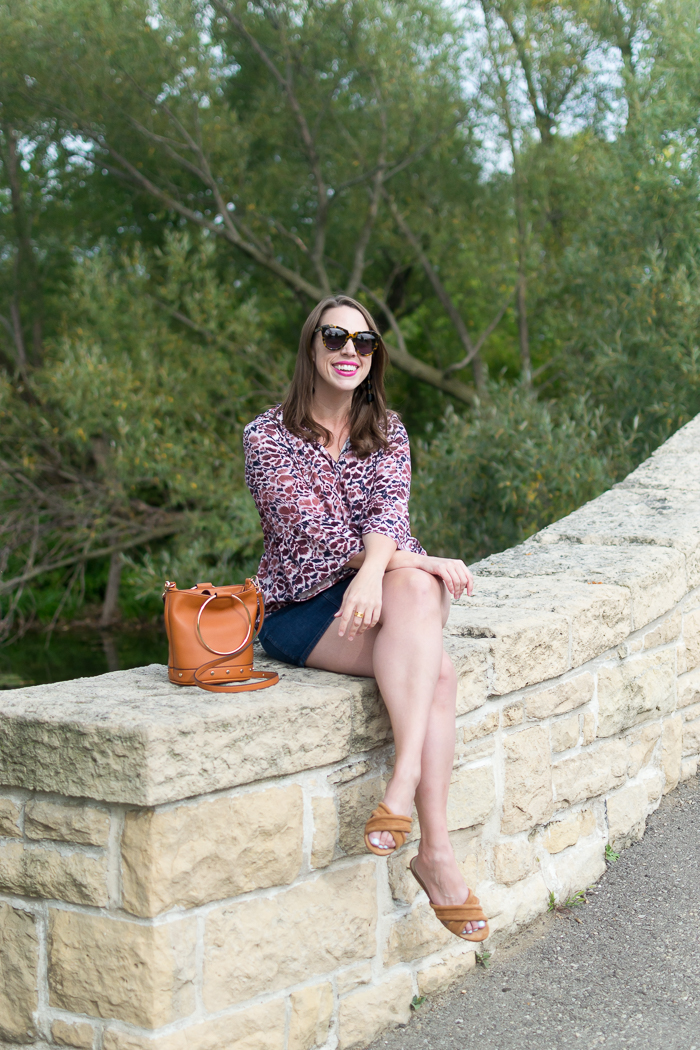 Calson Bell Sleeve Top + J.Crew Zip-front denim skirt